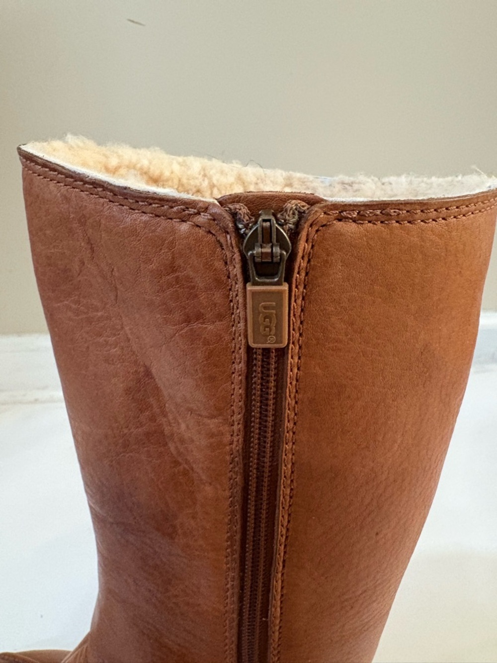 UGG Boots Women 8.5 Brown Leather Shearling Zip Mid Calf Casual Cozy Waterproof - Picture 7 of 11